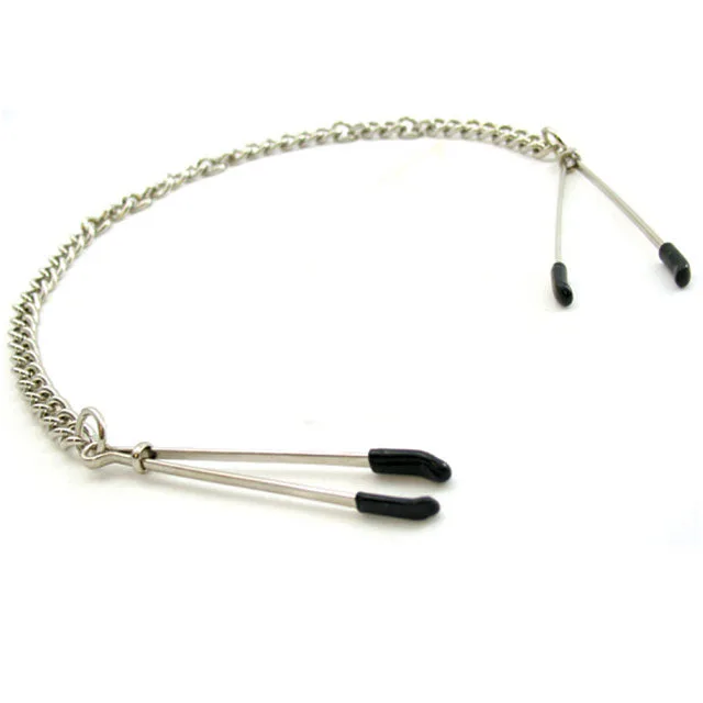Chrome H2H tweezer nipple clamps joined by silver chain with black tips