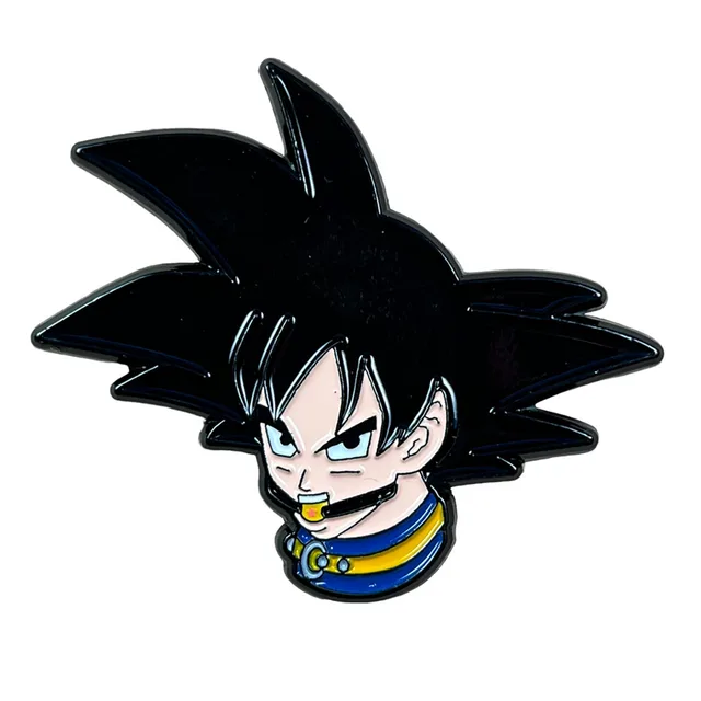 Gogh Queue enamel pin with black-haired character and blue yellow collar