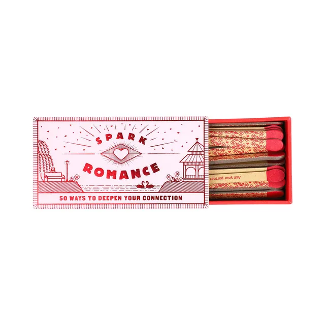 open Spark Romance matchbox with red tipped printed prompt sticks