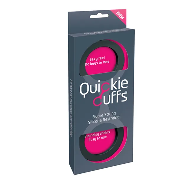 Quickie Cuffs Medium Black Silicone charcoal retail carton with black cuffs visible through oval window