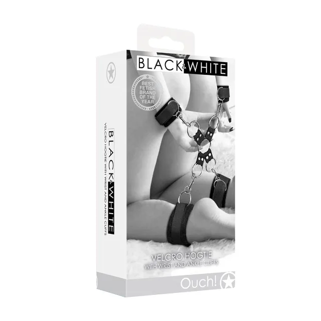 Shots Ouch black Velcro hogtie cuff set retail box