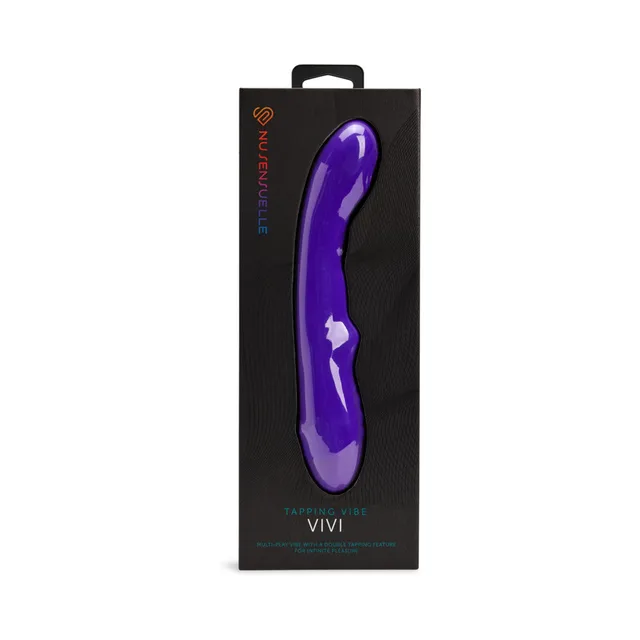 deep purple Nu Sensuelle Vivi curved vibrator displayed inside a tall black box