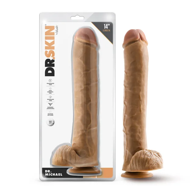 Blush Dr. Skin Dr. Michael tan 14-inch TPE dildo beside front retail package