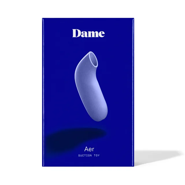 Periwinkle Dame Aer suction toy pictured on dark blue retail box
