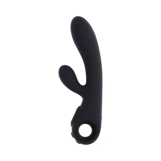 Evolved Black Magic black dual-arm massager upright front view with curved main arm