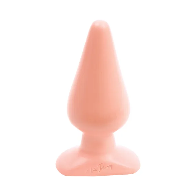 Front view of large beige tapered butt plug with broad curved base