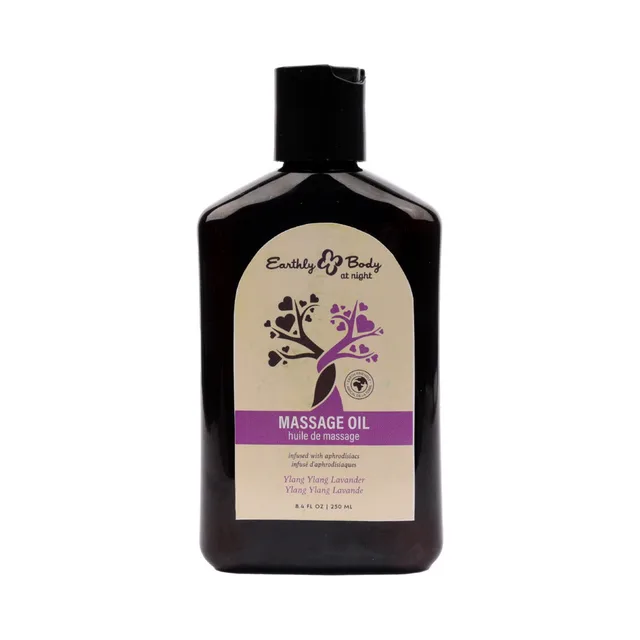 Front of Earthly Body ylang ylang lavender massage oil 8.4 oz bottle