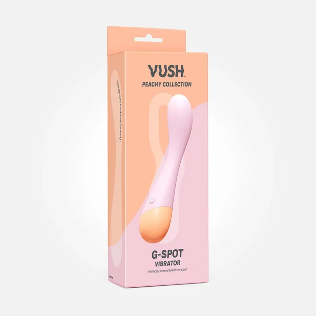 VUSH Peachy light-pink G-Spot vibrator with curved shaft on peach-colored retail box