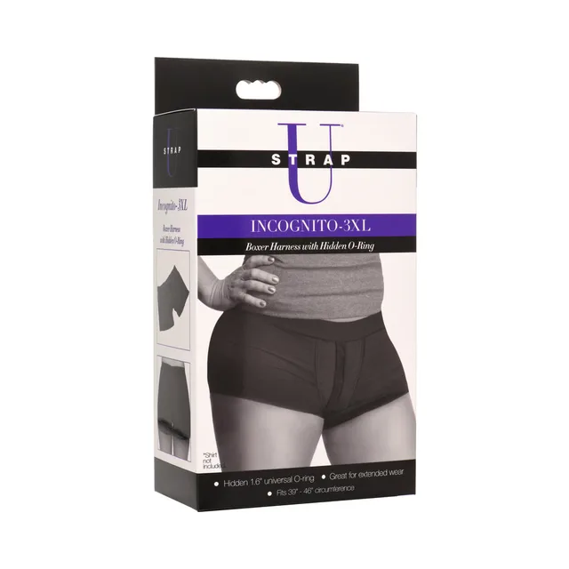 Black Strap U Incognito 3XL boxer harness shown on white retail box