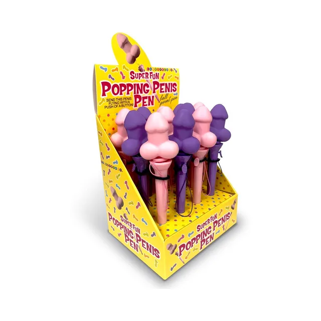 Yellow counter display of pink and purple popping penis pens