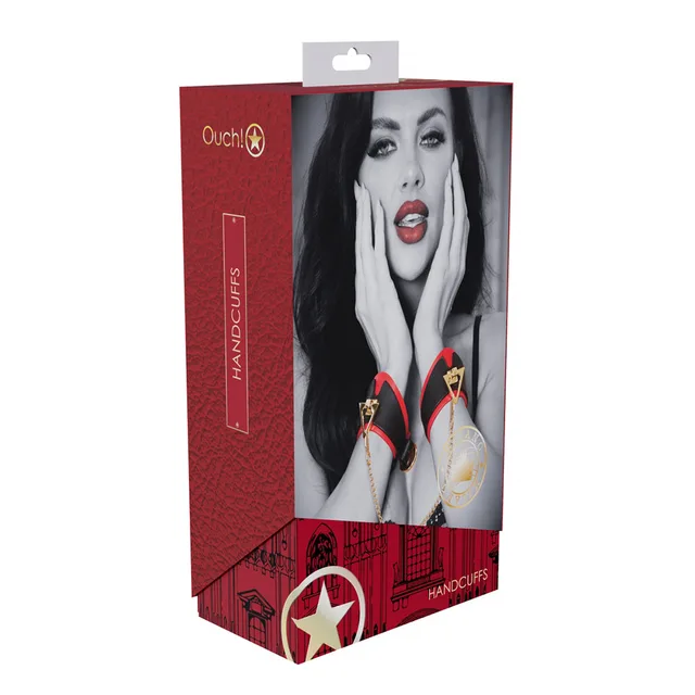 black and red Milan Collection handcuffs with gold connector chain on box