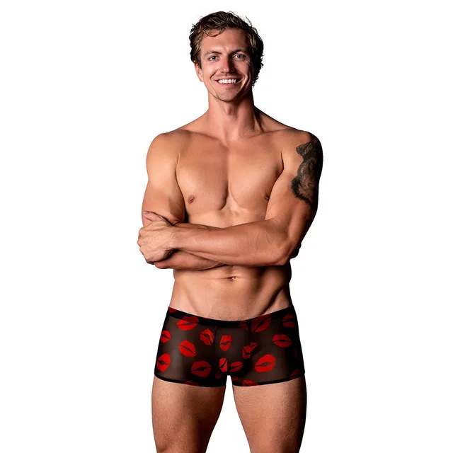 Male model wearing black sheer lip-print Matchmaker Mini Short size S