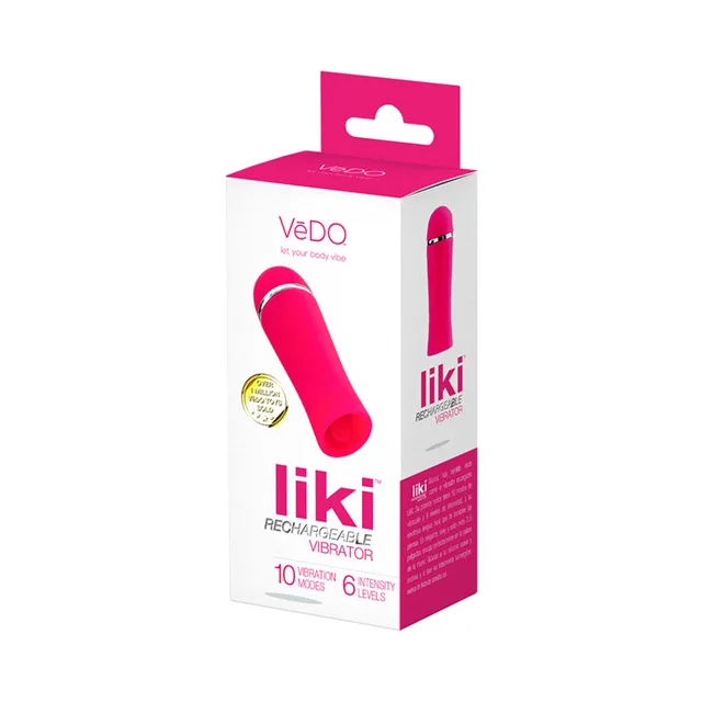Pink VeDO Liki Foxy vibrator beside white and magenta box