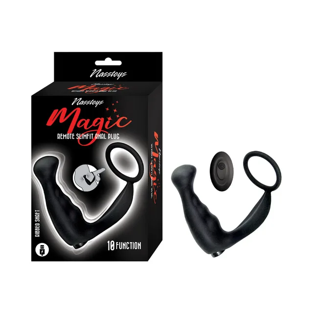 Black Nasstoys Magic Slimfit loop plug and oval remote beside retail box