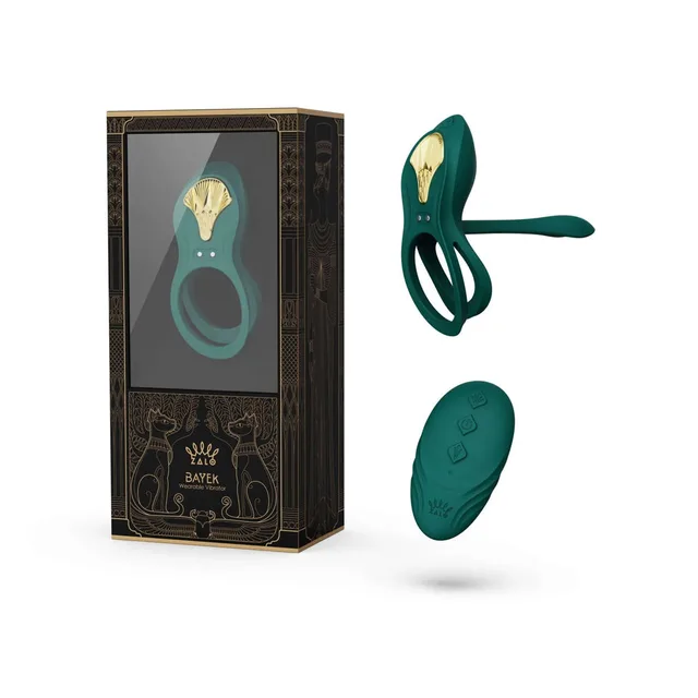 Zalo Legend Bayek Turquoise Green harness ring vibrator set beside the windowed retail box with oval remote