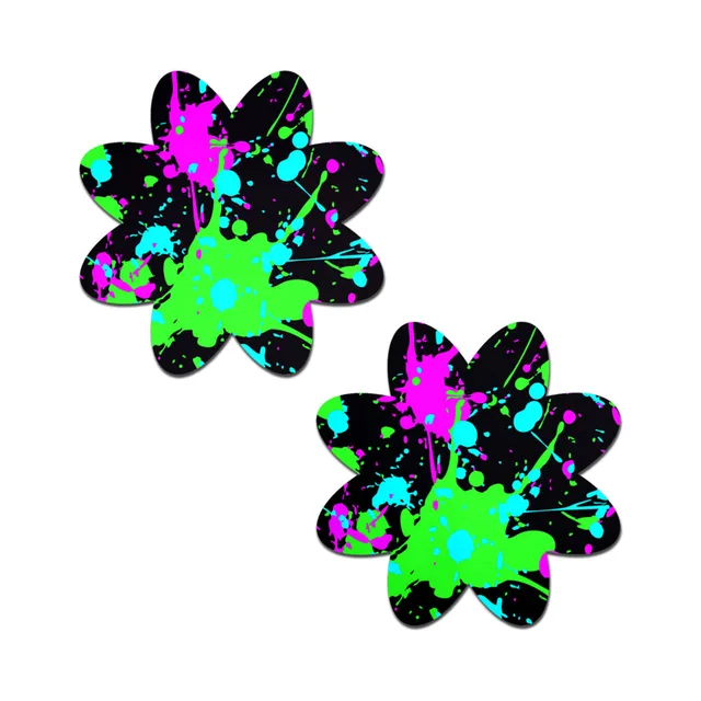 Pastease vibrant neon paint splatter petal breast pasties matching black pair with green, pink and blue paint splashes