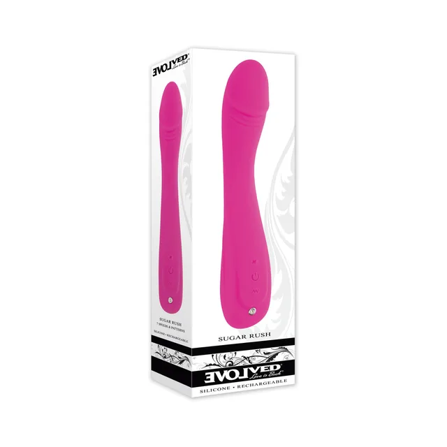 Evolved Sugar Rush hot-pink curved vibrator in tall white retail box