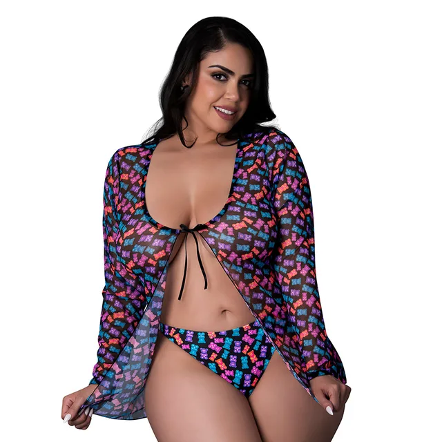 black mesh Gummy Bears tie-front jacket and thong worn in Queen Size