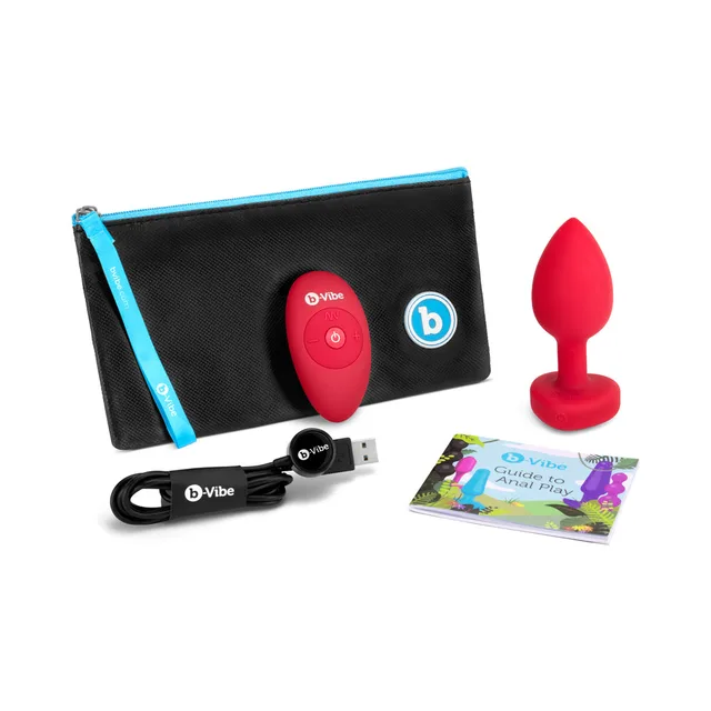 Red b-Vibe Heart plug kit with pouch remote and cable