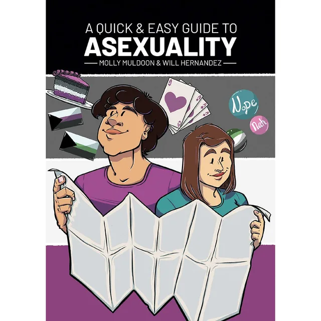 black Asexuality guide cover with purple accents and two illustrated readers