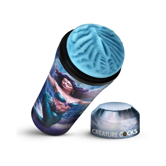 Creature Cocks Maven Mermaid black-and-blue stroker printed case beside removed end cap