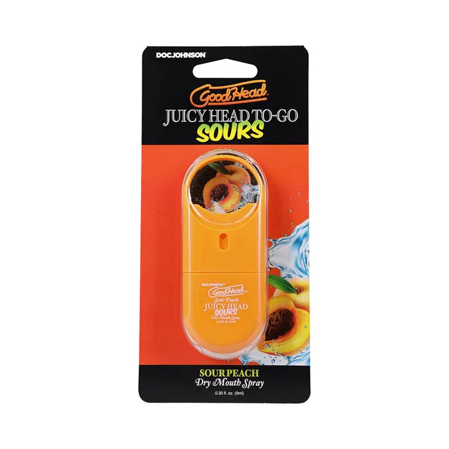 GoodHead Juicy Head Sour Peach 0.3 oz spray orange pocket atomizer on peach card