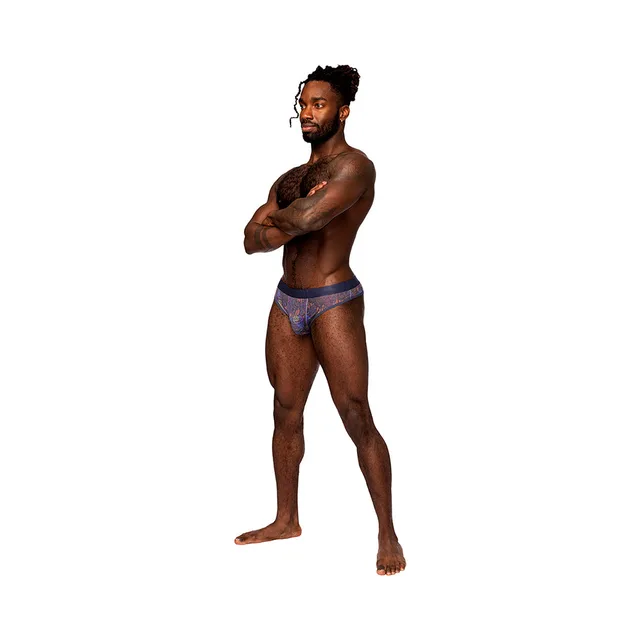 Front view of purple spatter print sheer thong in S/M