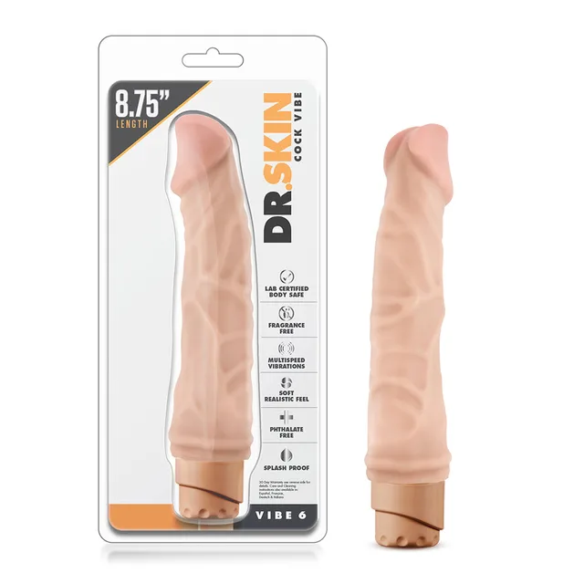 Dr. Skin Cock Vibe 6 beige vibrator beside retail package