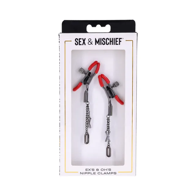 Packaged Ex's and Oh's adjustable nipple clamps with X and O chain charms