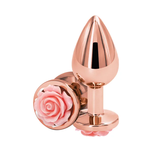 Rose-gold aluminum plug with sculpted pink rose base