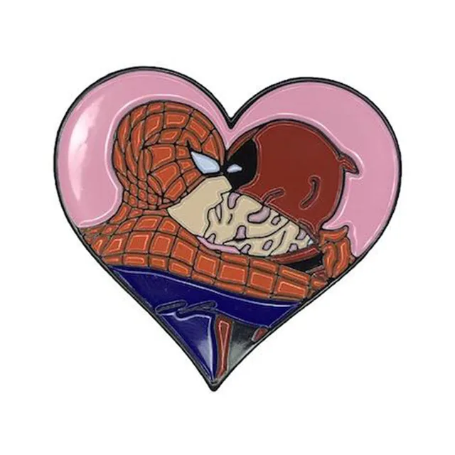 pink heart enamel pin with red-web and red-brown masked characters kissing