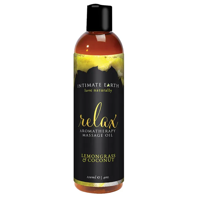 Intimate Earth Relax Massage Oil amber 4 oz bottle with lemongrass coconut label
