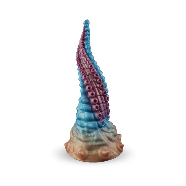 Camtoyz Vortex blue tentacle dildo upright rear view of curved blue ridges