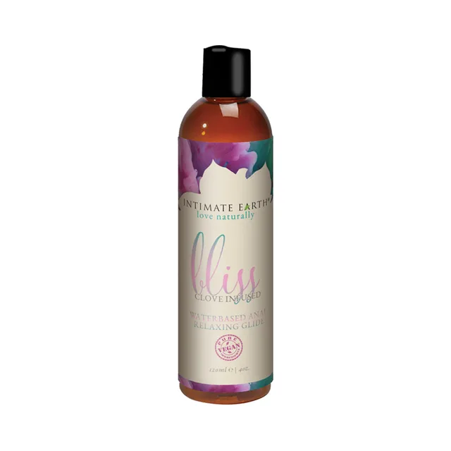 Intimate Earth Bliss 4 oz amber bottle with black flip-top cap