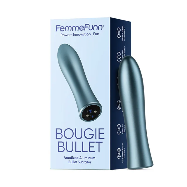 FemmeFunn Bougie Bullet light blue tapered metallic body beside blue retail box with black circular control panel visible