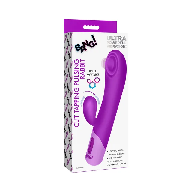 BANG purple pulsing rabbit vibrator in illustrated retail packaging