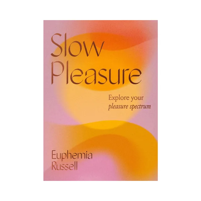 Slow Pleasure book cover with pink orange gradient and curved shapes
