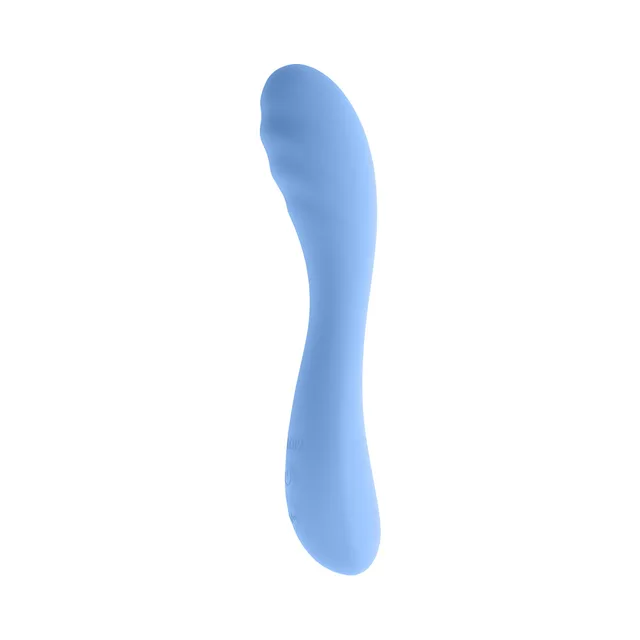 Selopa Hit The Mark blue curved-shaft vibrator side profile with ridged rounded tip and broad handle