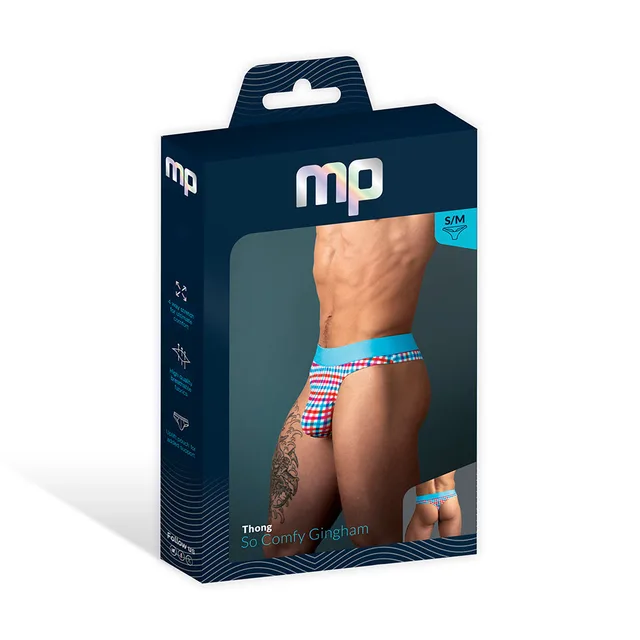 Male Power So Cumfy turquoise gingham thong size L/XL in a navy window retail box