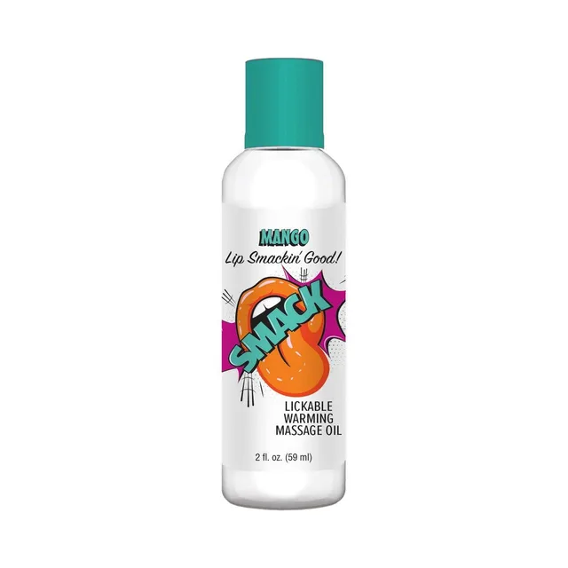 Smack Mango 2 oz clear massage oil bottle with teal cap