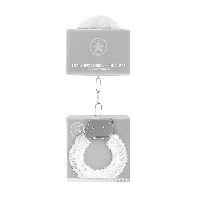 White furry Ouch handcuffs hanging beneath gray retail box
