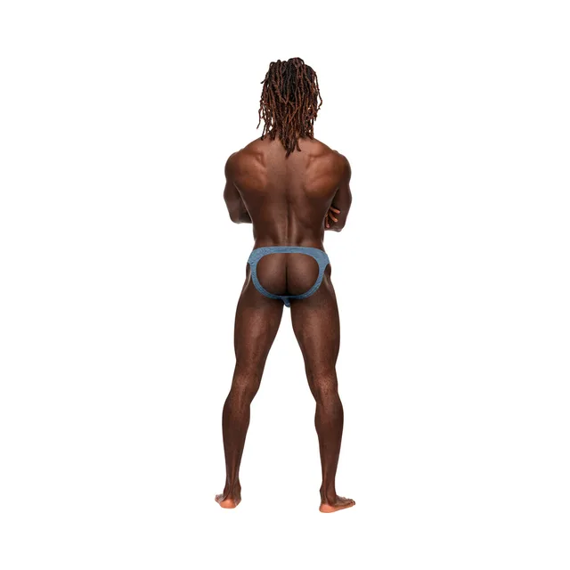Rear view of blue jockstrap with open strap back