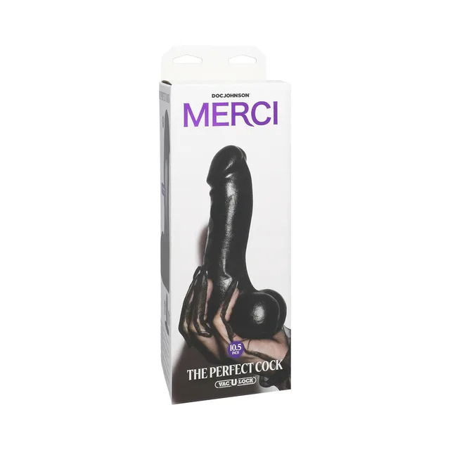 black Merci Perfect Cock 10.5-inch dildo in tall white retail box