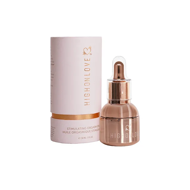 HighOnLove O Oil 30 ml rose-gold dropper bottle beside matching carton