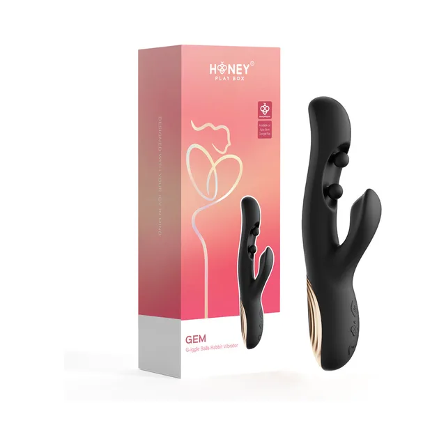 Black Honey Play Box Gem twin-ball rabbit vibrator beside pink box