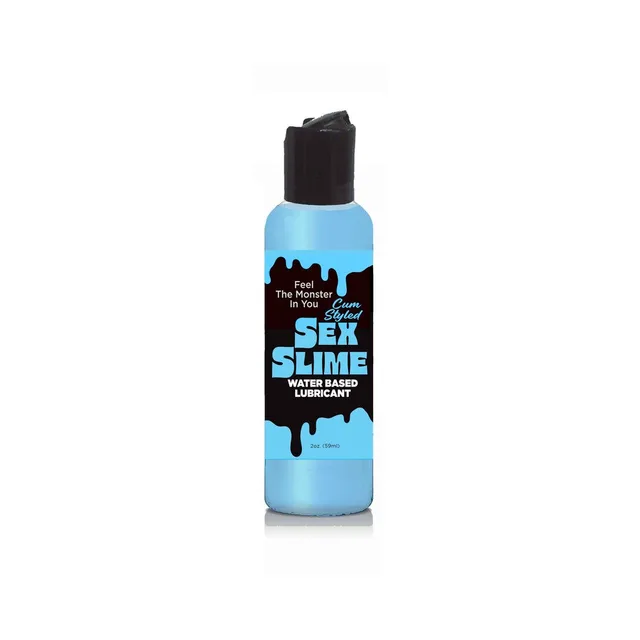 Opaque-blue Sex Slime 2 oz bottle with black flip-top cap