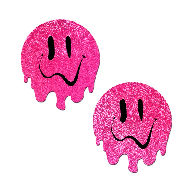 pair of neon pink glitter melting smiley nipple pasties with black faces