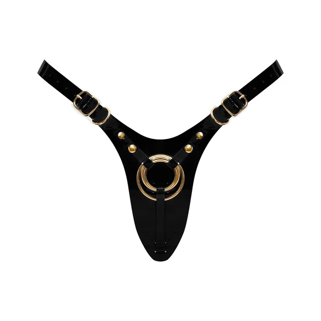 Glossy black Strap-On-Me harness with gold-tone rings and buckles