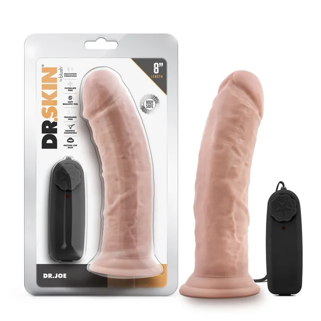 Blush Dr. Joe beige vibrator beside clear Dr. Skin retail package
