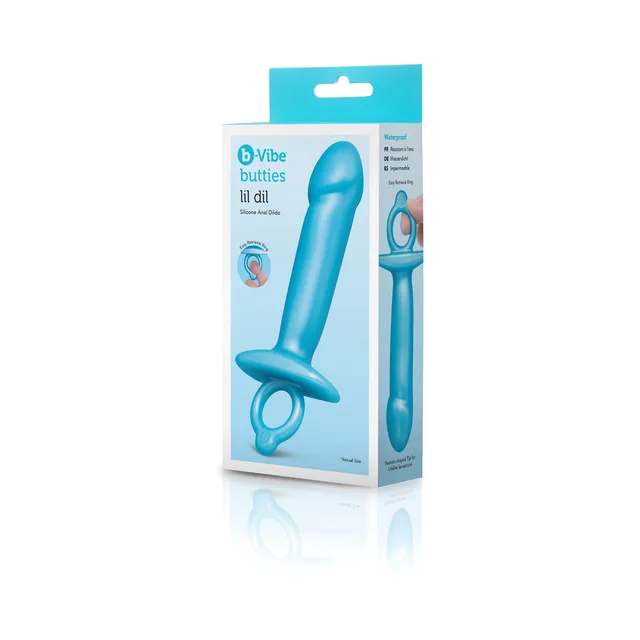b-Vibe Butties Lil Dil blue silicone dildo in retail box